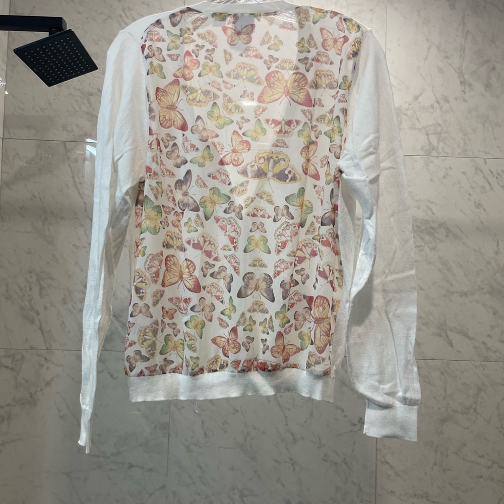 White Butterfly Cardigan Sweater Size L Button Front Lightweight Womens